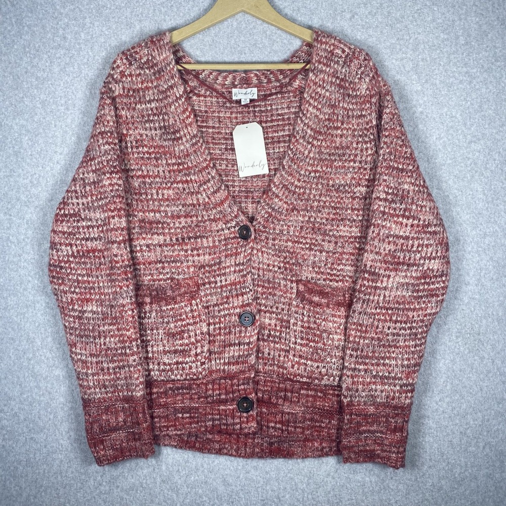 Wonderly Cardigan Sweater Womens Medium Red Marled Space Dye V-Neck Pocket NWT